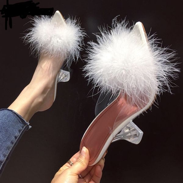 

summer woman pumps transparent feather perspex crystal high heels fur peep toe mules slippers ladies slides shoes, Black