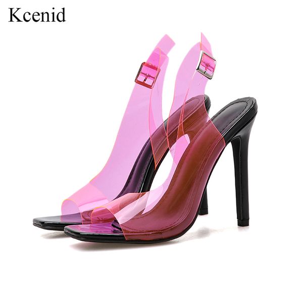 

kcenid new colorful pvc sandals women thin high heels shoes transparent summer party wedding shoes peep toe buckle strap sandals, Black