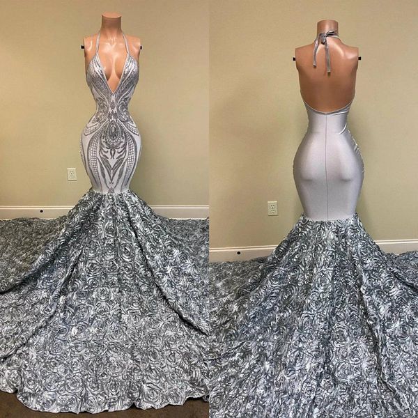 Immagine reale Abiti da cerimonia da sera in argento a sirena 2020 Halter Sparkly Lace Paillettes 3D Rose Floral Long Train Backless Prom Gowns