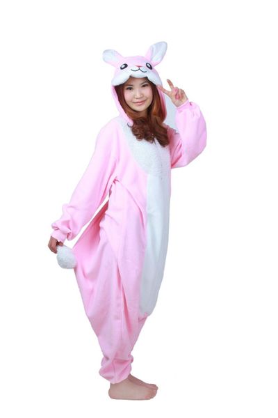 

japan animal kawaii pink rabbit pajamas fleece onesie cosplay costumes, Black;red