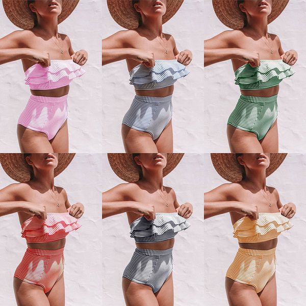 

striped bikini 2020 new arrival strapless bikinis high waist swimwear women ruffles swimsuit brazilian biquini, White;black