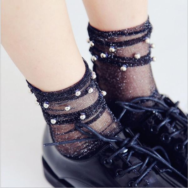 

glitter mesh silver beads women socks fashion short socks shiny harajuku soft ladies funny transparent elastic hosiery, Black;white