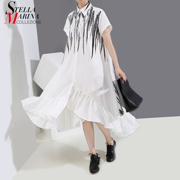 

plus size ruffles hem short-sleeve woman summer 2020 white printed shirt dress lady casual midi dress loose style vestidos 6479, Black;gray