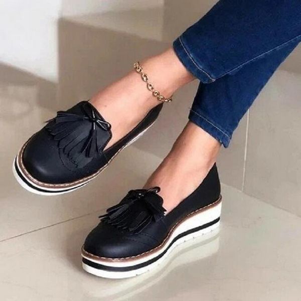 

new women tassel bowtie loafers woman slip on sneakers ladies soft leather sewing flat platform female shoes woman all seasons, Black