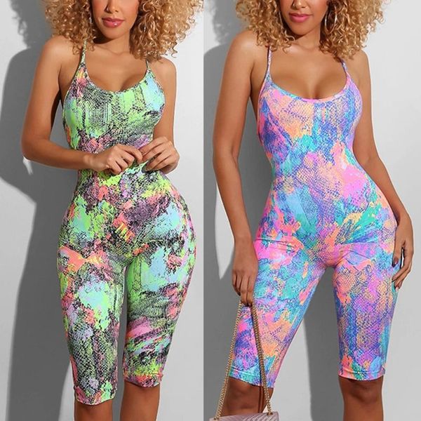 

женщины sexy рукавов backless комбинезон змеиной tie-dye байкер шорты легкий костюм с шортами, Black;white