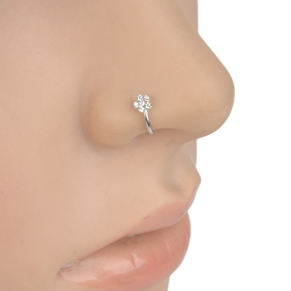 

small thin flower clear crystal nose ring stud hoop-sparkly crystal nose ring for girlfriend birthday gift, Silver