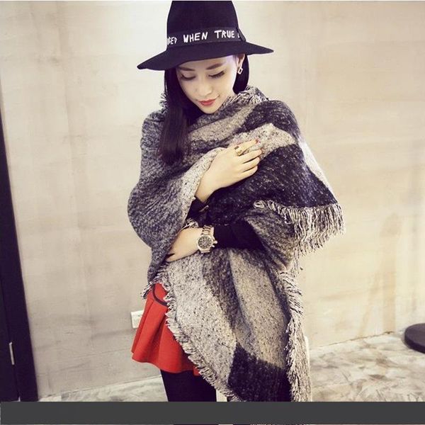 

f047 autumn and winter fringed fringe against color bevel scarf wide stripes warm ladies shawl cashmere, Blue;gray
