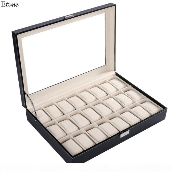 

fanala 24 grid watch box pu leather watches display case box organizer jewelry storage wrist watches lock key large boite montre, Black;blue