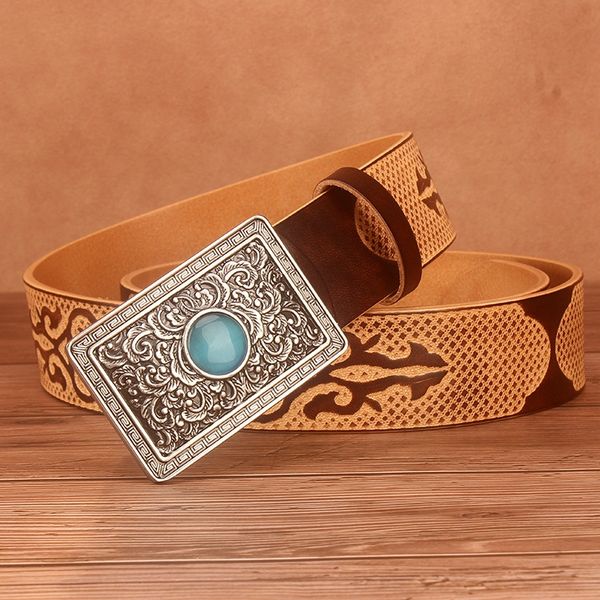 

national style carved genuine national leather belt mongolian style layer cowhide personalized smooth buckle belt, Black;brown