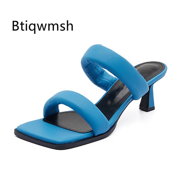 

blue leather slippers women square toe two leather belt strange high heel shoes woman gladiator sandals, Black
