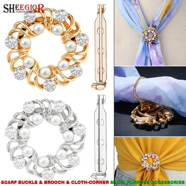 

korean hollow round silk scarf buckle brooches crystal pearl clothing-corner button women girls multi-purpose brooch accessories, Gray