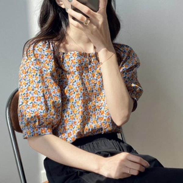 

#h40 retro french women blouse square neck puff sleeve womens and blouses off shoulder plus size shirts printed, White
