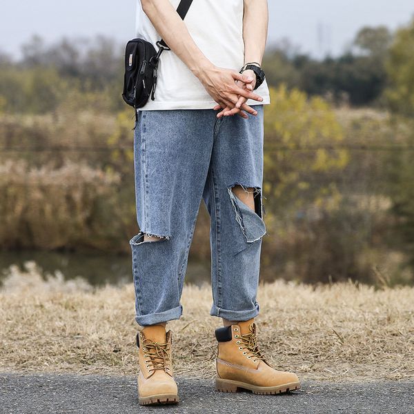 

men broken hole loose casual straight jeans male retro fashion streetwear hip hop ankle-length denim pants trousers high street, Blue