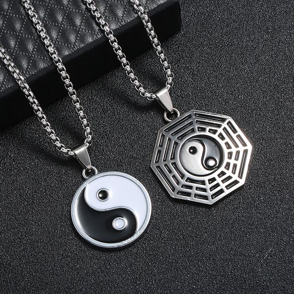 

new stainless steel yin ying yang pendant necklace black white necklace men pu leather necklaces jewelry vintage, Silver