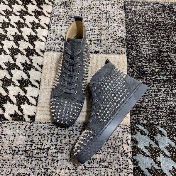

elegant designer grey suede leather with spikes red bottom sneaker shoes for women,men studs luxury casual walking red sole leisure flats, Black