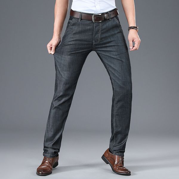 

men's jeans 2021 brand fashion straight business casual stretch slim classic trousers denim pants male black blue,8966