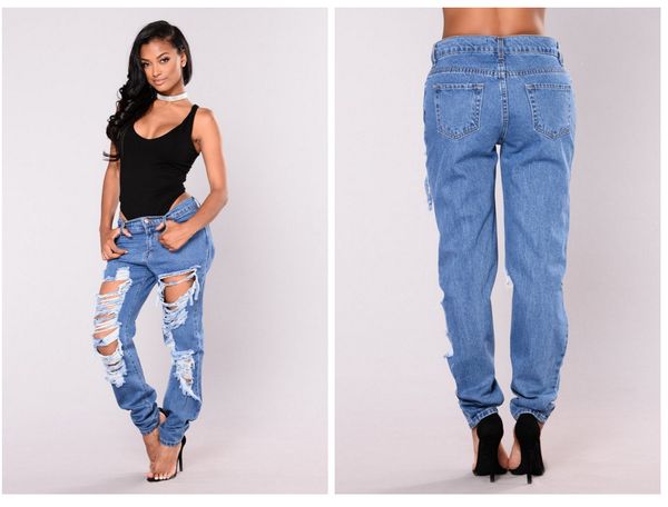 

e-baihui 2021 european and american models of solid color jeans big holes women's jeans loose casual pants 6359, Blue