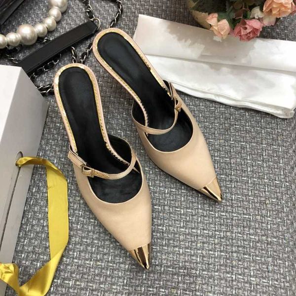 

comfortable mules heel slippers metal decoration fashion mules shoes pointed toe slides pure color shoes women high heel, Black