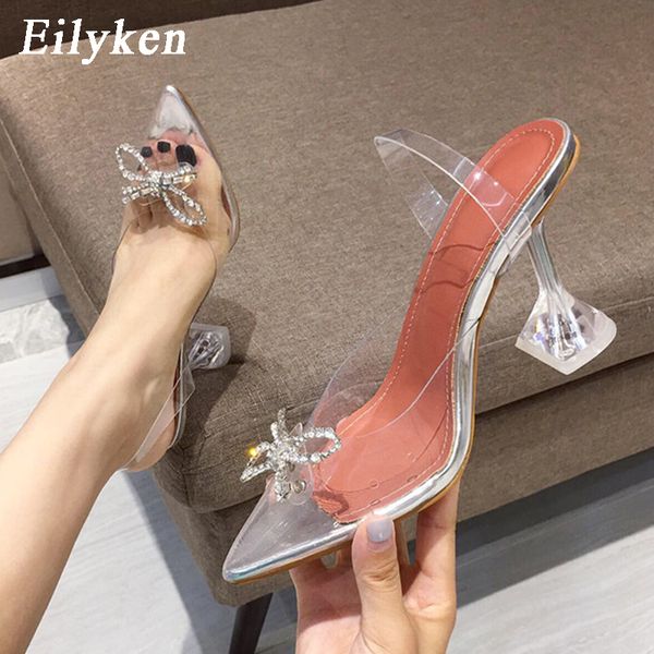 

eilyken tvc transparent pointed toe high heels women fashion crystal bowknot buckle design elegant ladies party wedding shoes, Black