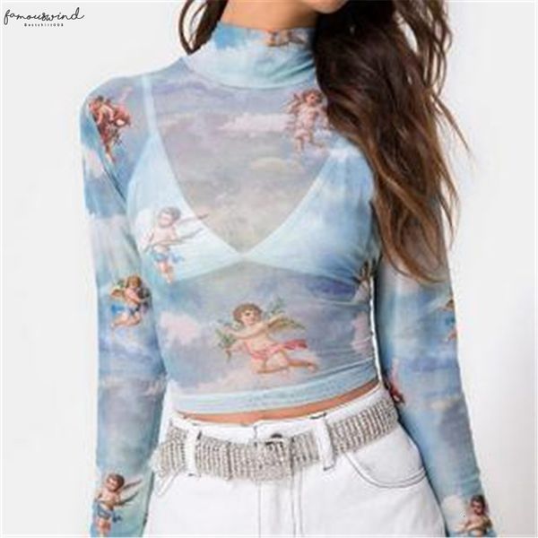 

new fashion women see through sheer mesh fishnet shirt cute angel printed female wear autumn ladies mesh, White