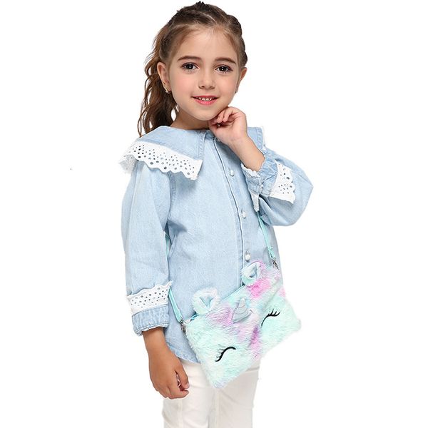 

девочка радуги fur unicorn сумки на ремне площади пояса zipper закрылков кошелек дети мультфильм опрятный стиль плюшевые crossbody сумка для