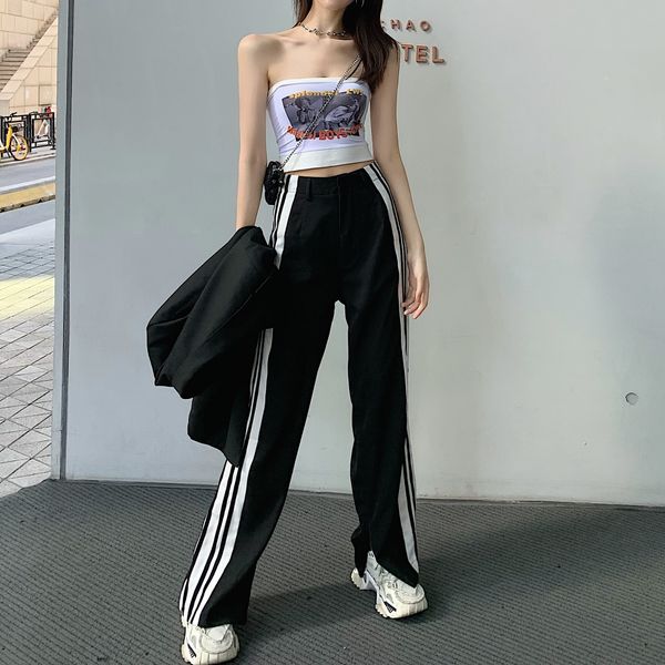 

ojdqh 4235 korean version 2020 anti-light chest-rubbing gathered chest-wrapping high waist split wide leg pants wide leg pants side stripe s, Camo