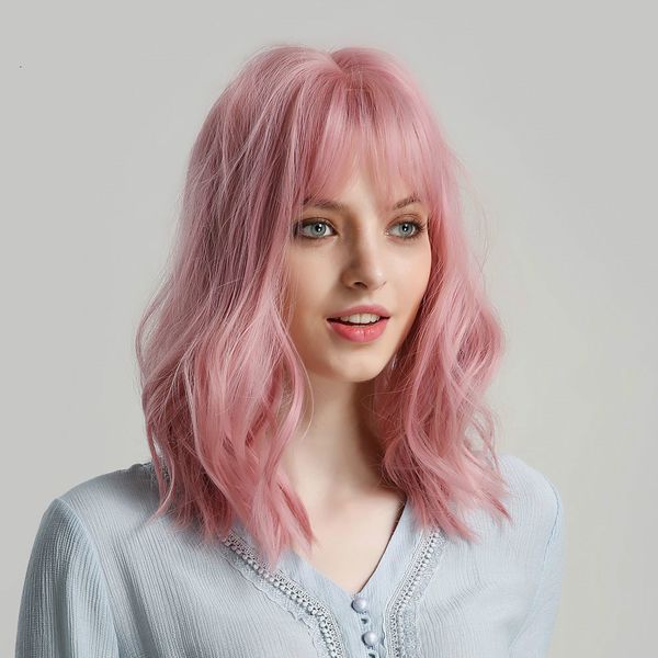 

short natural wave hair synthetic wigs with neat bangs for women pink beige brown 3 colors for choose, Black