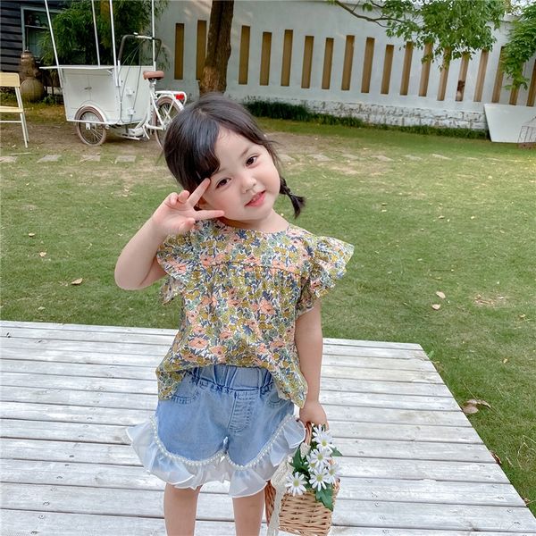 

2020 korean style doll children's clothing children's clothing girls new yellow floral flying sleeve back knot doll shirt top, White;black