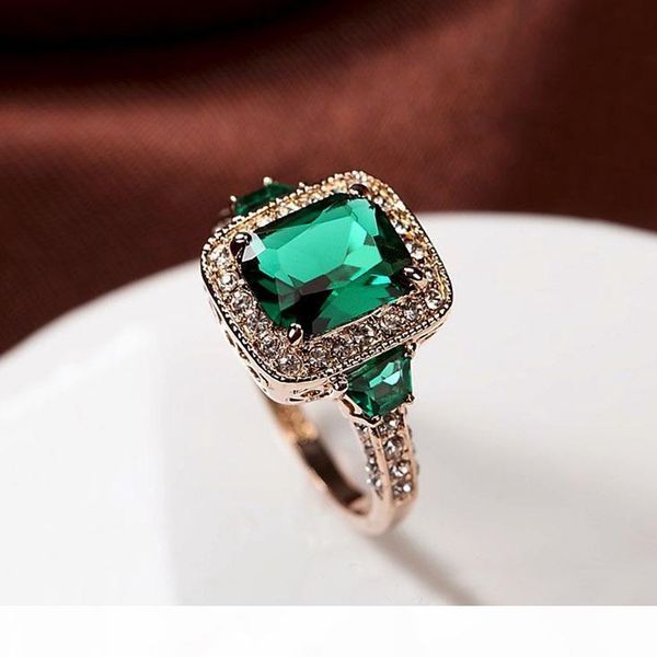 

k fashion genuine austria crystal luxury classic rectangle green stone ring square red cz 4 prong vintage women jewelry, Slivery;golden