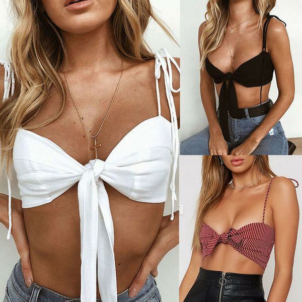 

striped bow tie camisole tank women summer basic crop streetwear fashion 2020 cool girl cropped tees clothes, White