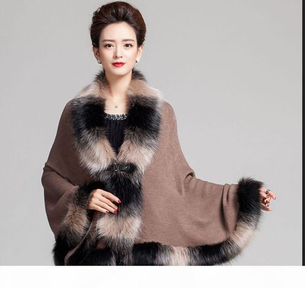 

поддельного fox fur смешанного цвета пончо пальто осени зима мода вязаной кардиган шерсть кашемир свитер женщины мысы и ponchoes, Blue;gray