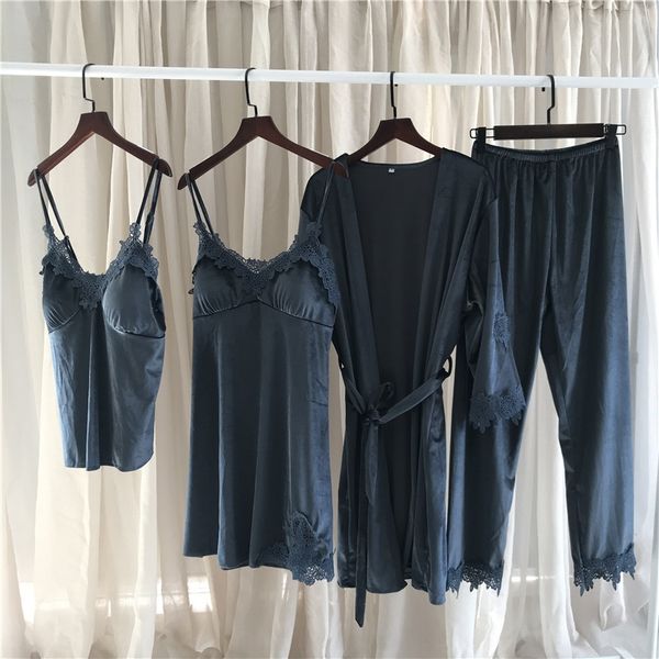 

wcztj new korean gold velvet four-piece of 4 pajama set of 4 pajamas women's sling robe suit soft and comfortable home clothes four-pie, Blue;red