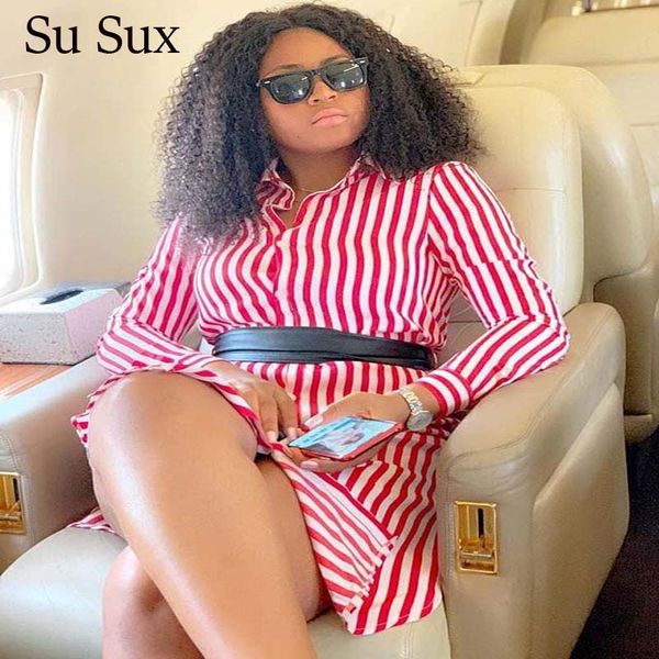 

африканская одежда шифон красный полосатая блузка юбка вскользь женщин 2020 весна с длинным рукавом отложным воротником robe dashiki пояса, Red