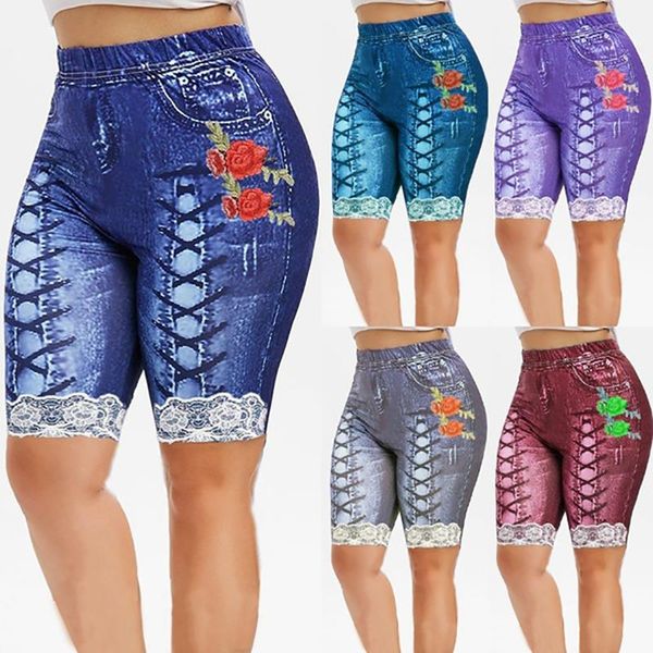 

ladies yoga running shorts leggings large size fashion slim elastic trousers cropped pants women 3d denim print yoga shorts, White;red