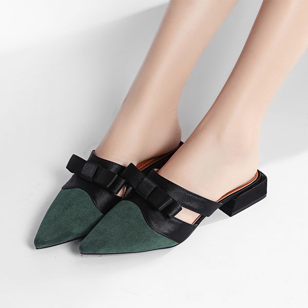 

cut out bow slippers women pointed toe soft flock summer slides shoes vintage green mules thick heel mixed color slippers 352, Black