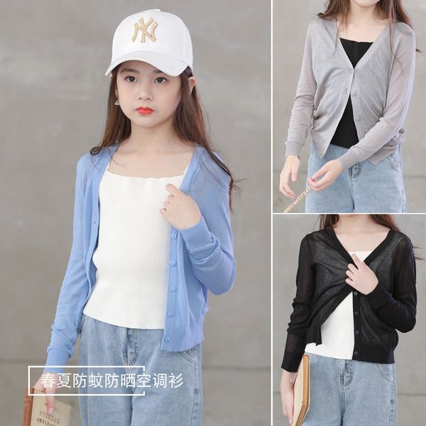 

53yfp basic 2020 summer coat air conditioning shirtthin solid color v-neck casual girlssunscreen shirt air conditioning shirt knitted coat s, Blue