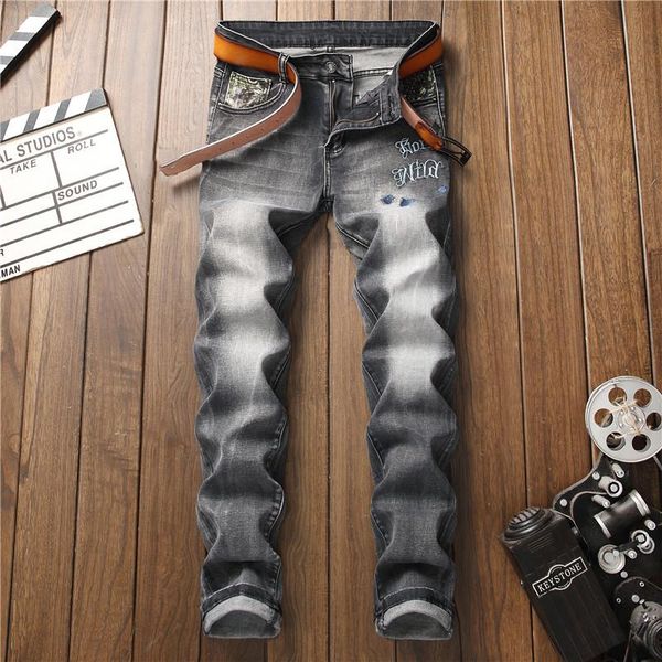

men's jeans men straight male distressed denim pants biker ripped winter, Blue