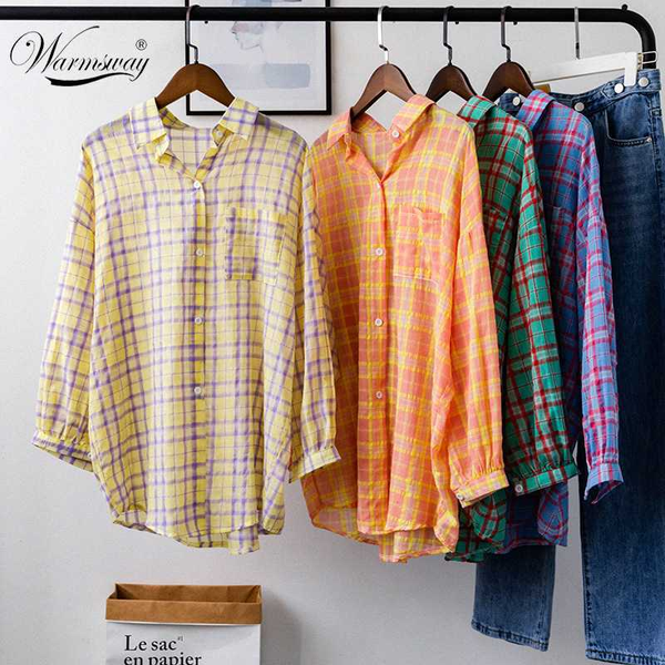 

summer fashion women chic plaid shirts thin oversized sun protection blouse long sleeve casual print stylish female a-012, White