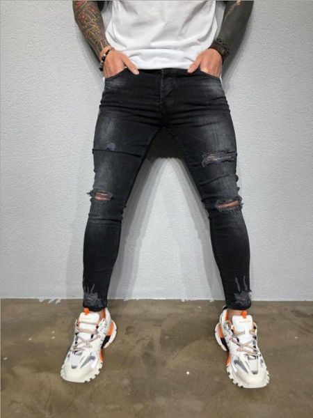 

laamei jeans men slim denim jogging pants ripped jeans hip hop streetwear skinny denim pants casual biker trousers, Blue