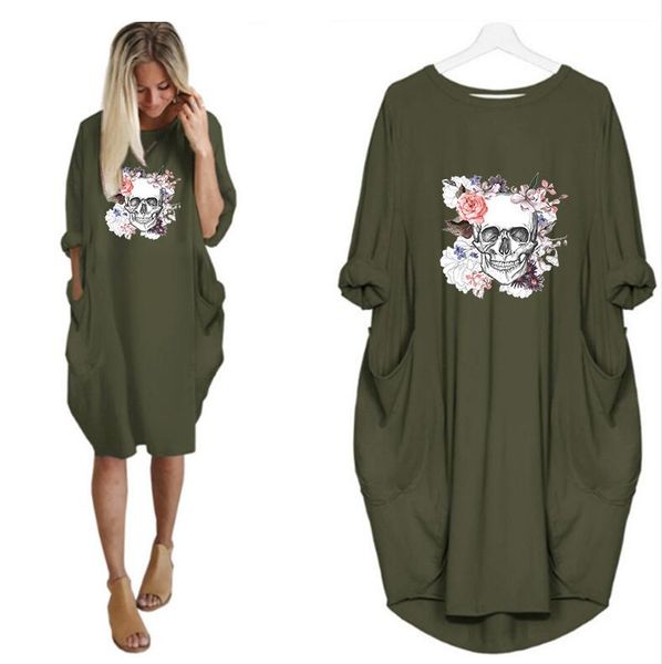 

2020 women t shirts dress skull flowers print long sleeve summer dress round neck pocket loose plus size 5xl casual woman dress wholesale, Black;gray