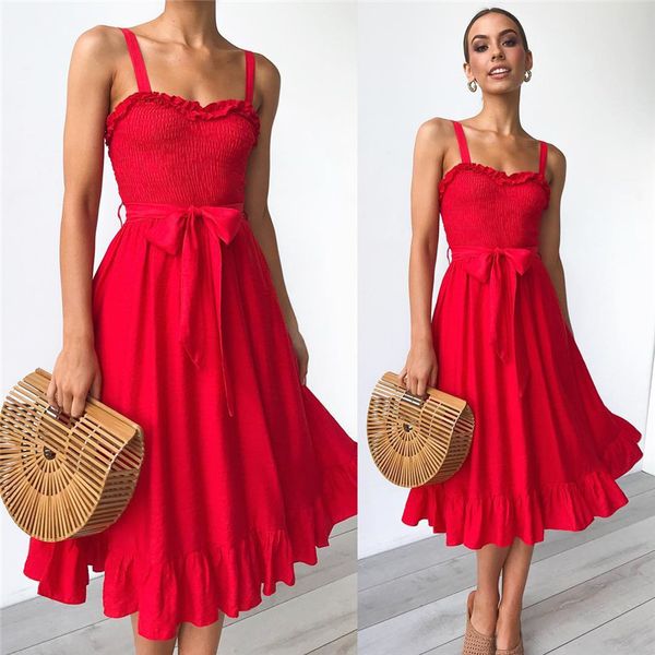 

women suspender red midi dress 2020 summer open back sleeveless sundress fashion ruffle strap casual beach white dresses