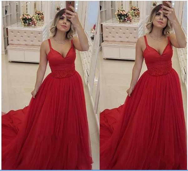 

sweet red a line spaghetti strap long homecoming dresses v neck beaded draped tulle prom gown sweep train evening wear