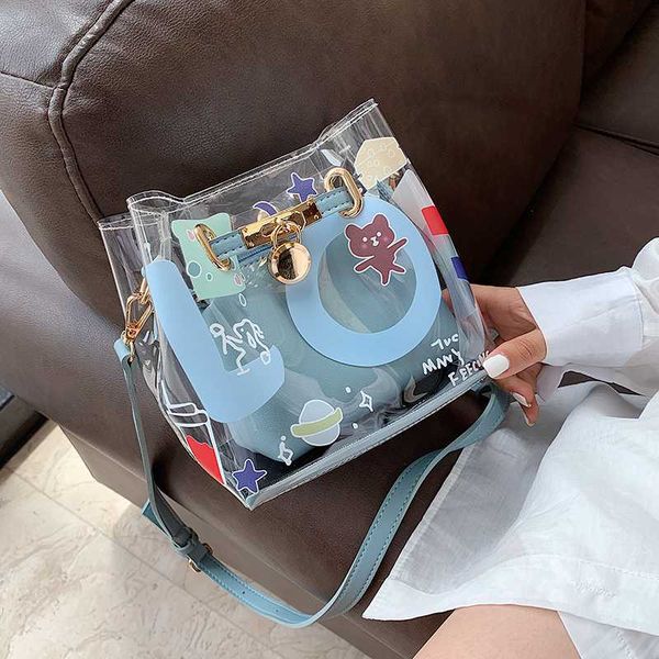 

french design fashion cartoon printed transparent bucket bag handbag cute crossbody bag shoulder width 17cm height 17cm