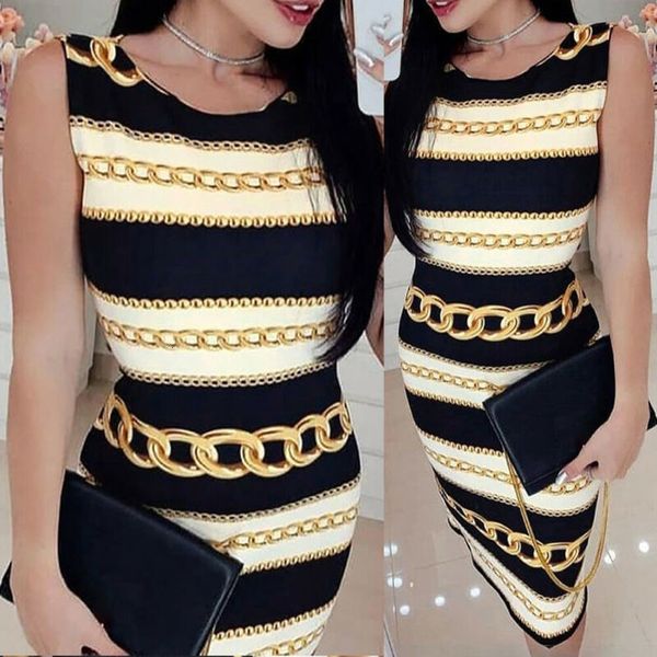 

summer women's sleeveless skinny dress cool breathable waist stripe print casual vest round neck knee dress, Black;gray