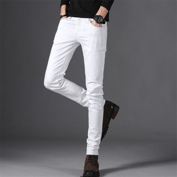 

men's white jeans classic style denim elastic slim fit black jean pants male brand casual business white trousers, Blue