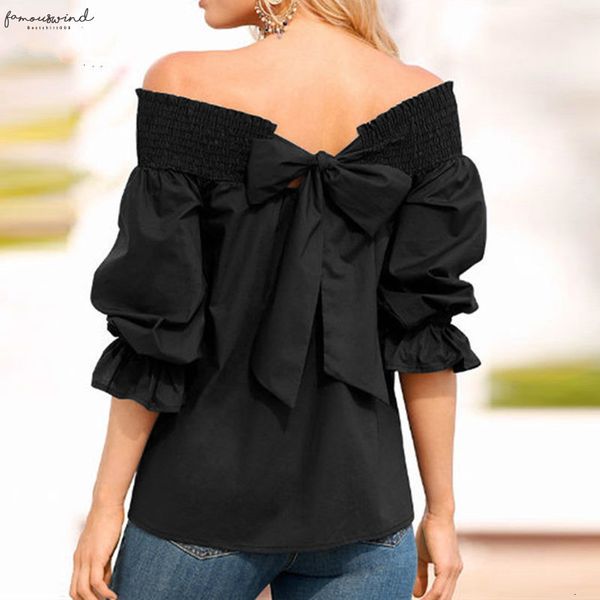 

2020 summer new fashion back bow blouses shirts off shoulder slash neck candy color solid loose strapless blouse shirt, White