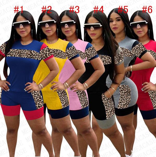 

women tracksuit designer leopard printing patchwork color short sleeve t shirt shorts two piece set outfits fashion sports suit d72205, Gray
