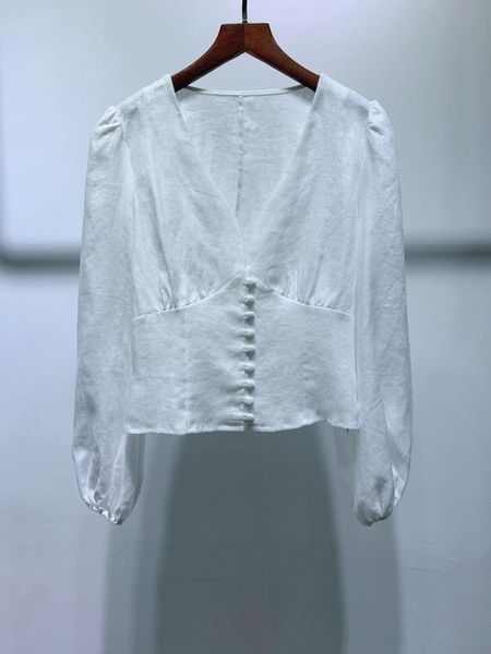 

2020 new ladies fashion v-neck linen lantern sleeve 0718, White