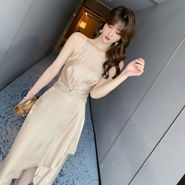 

casual dresses 2021 summer khaki spaghetti strap vintage chic dress elegant party high-end asymmetrical women lady bandage, Black;gray