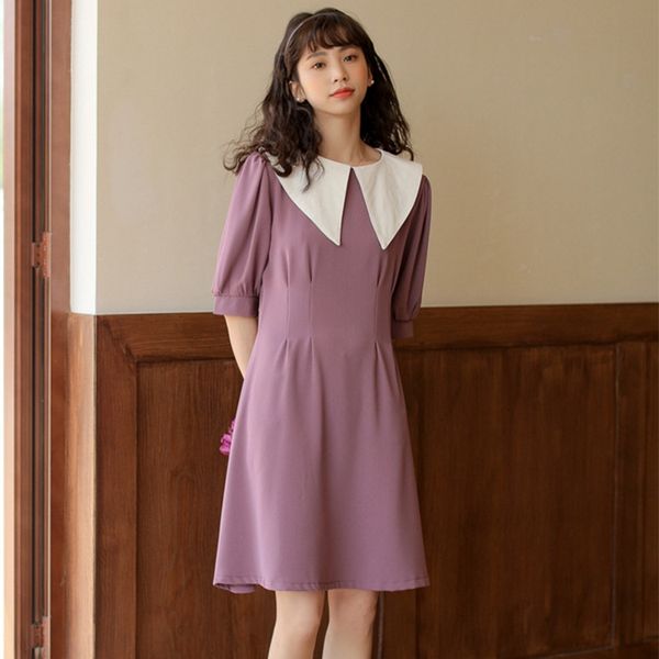 

2020 summer new korean-style slim-fit large lapel contrast color high waist bubble short dress sleeve dress, Black;gray